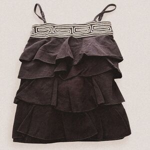 Vintage Y2K Ruffle Tank | Black Aztec Embroidered Boho Top | Square Neck | Small